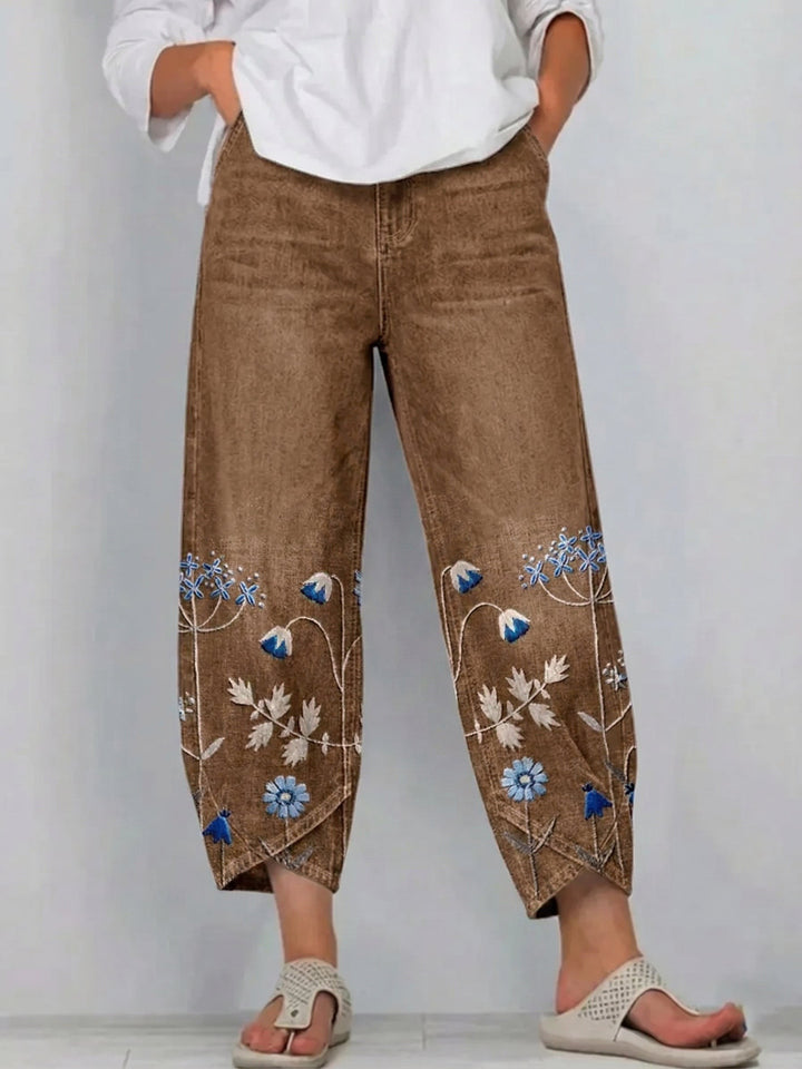 Embroidered Cotton Pants with Stretch in brown