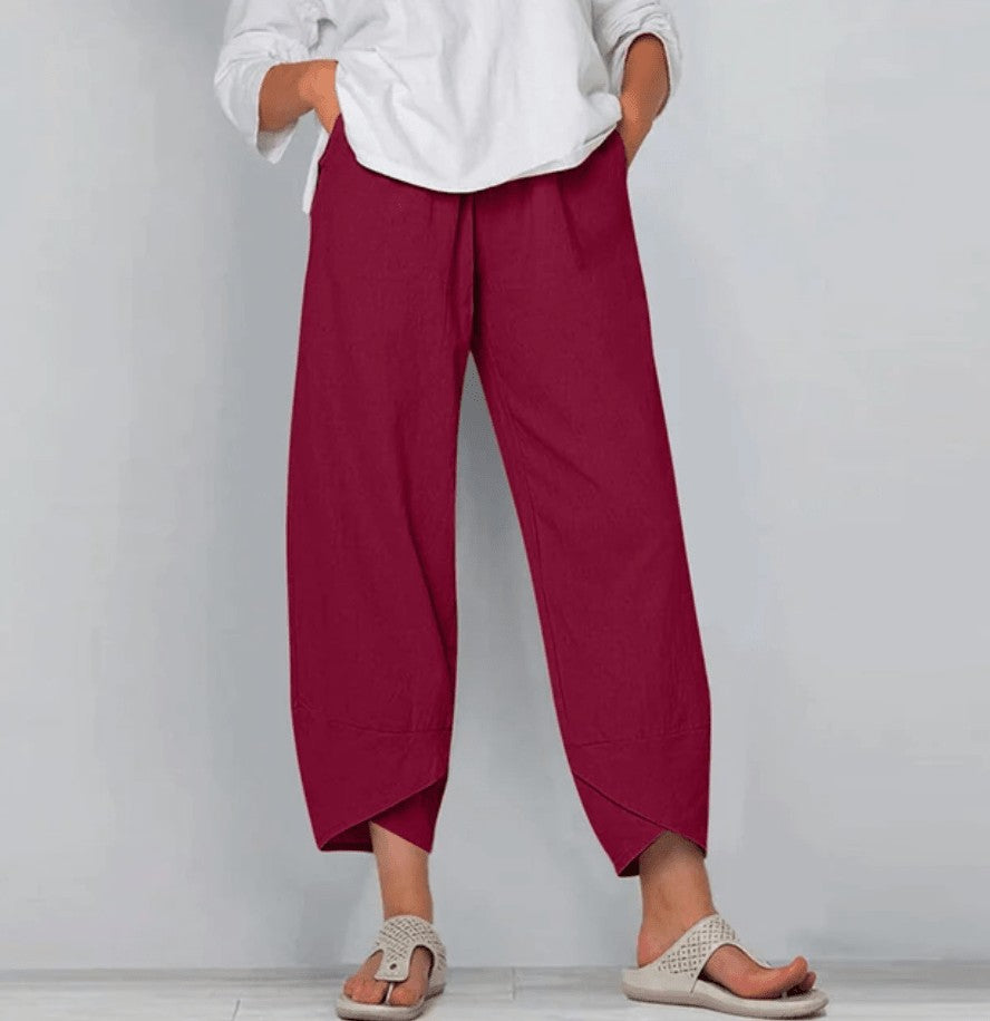 Relaxed Linen Blend Pants with Straight Leg in red
