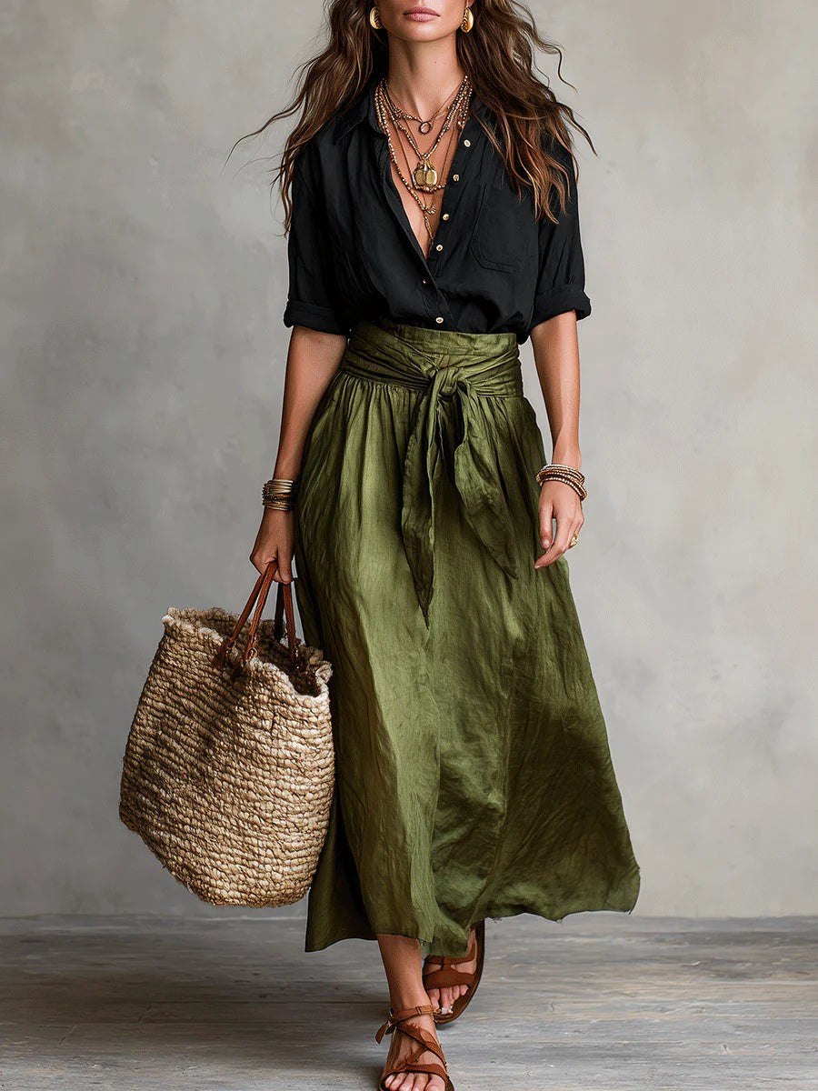 Two Piece Set with Long Sleeve Top and Skirt in black green