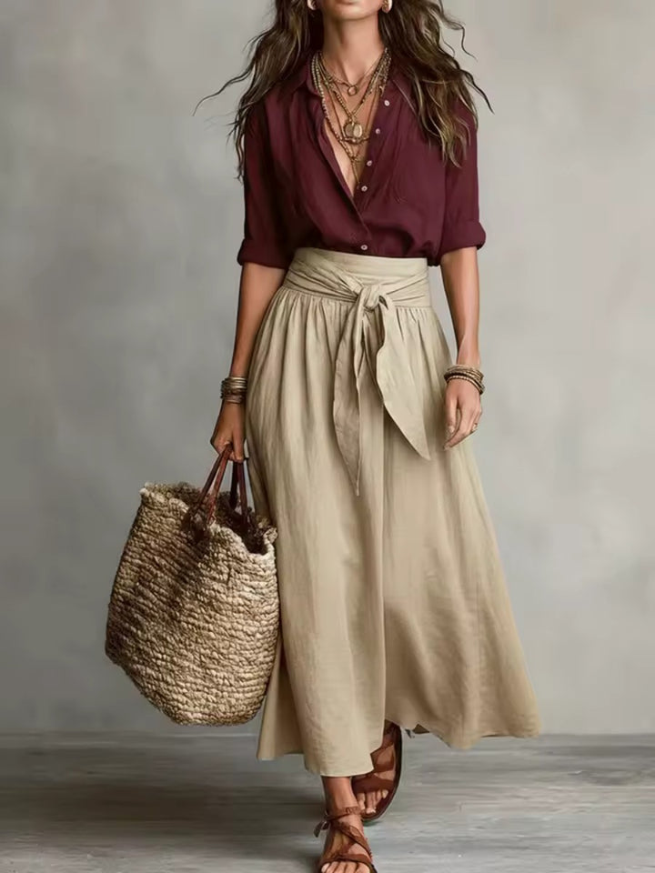 Two Piece Set with Long Sleeve Top and Skirt in burgundy khaki