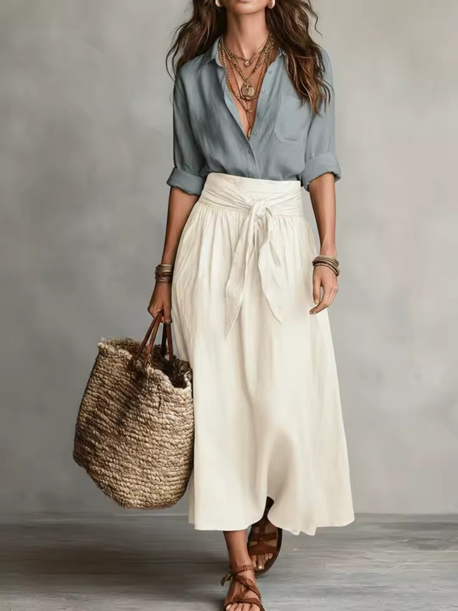 Two Piece Set with Long Sleeve Top and Skirt in blue beige