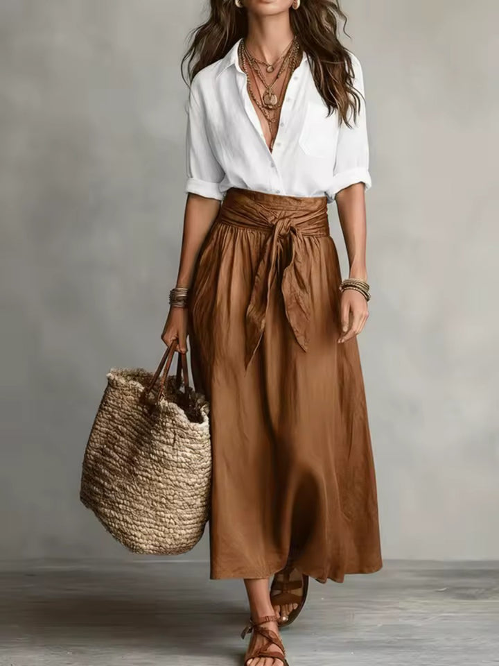 Two Piece Set with Long Sleeve Top and Skirt in white brown