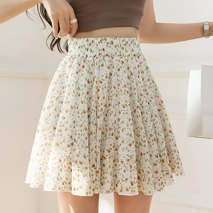 Floral A Line Mini Skirt with High Waist in apricot