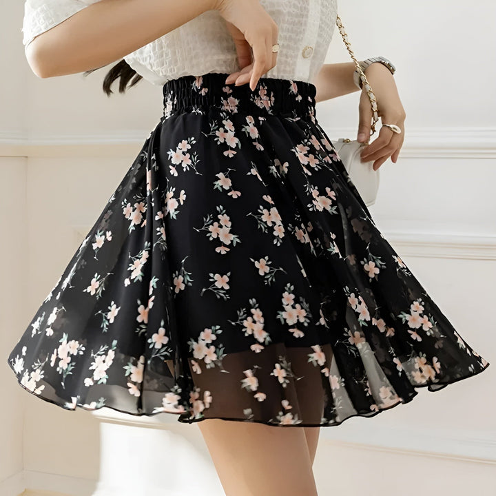 Floral A Line Mini Skirt with High Waist in black