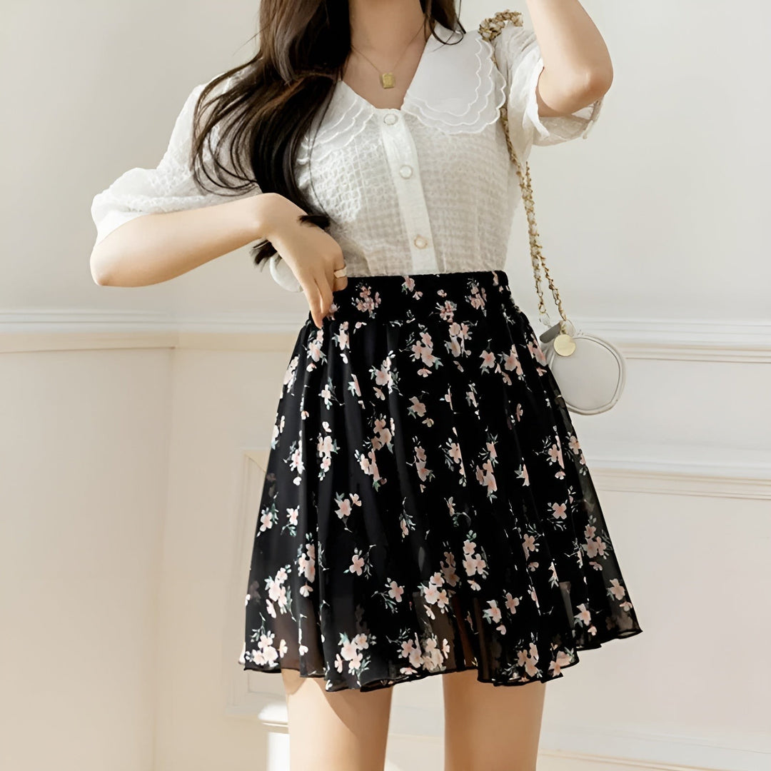 Floral A Line Mini Skirt with High Waist