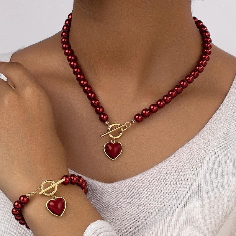 Red Pearl Necklace and Bracelet Set with Heart in red