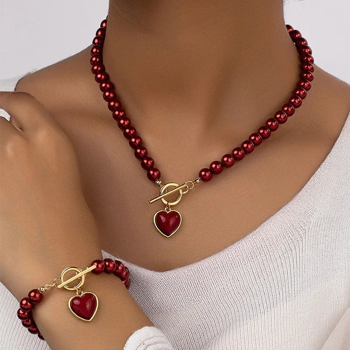 Red Pearl Necklace and Bracelet Set with Heart in red
