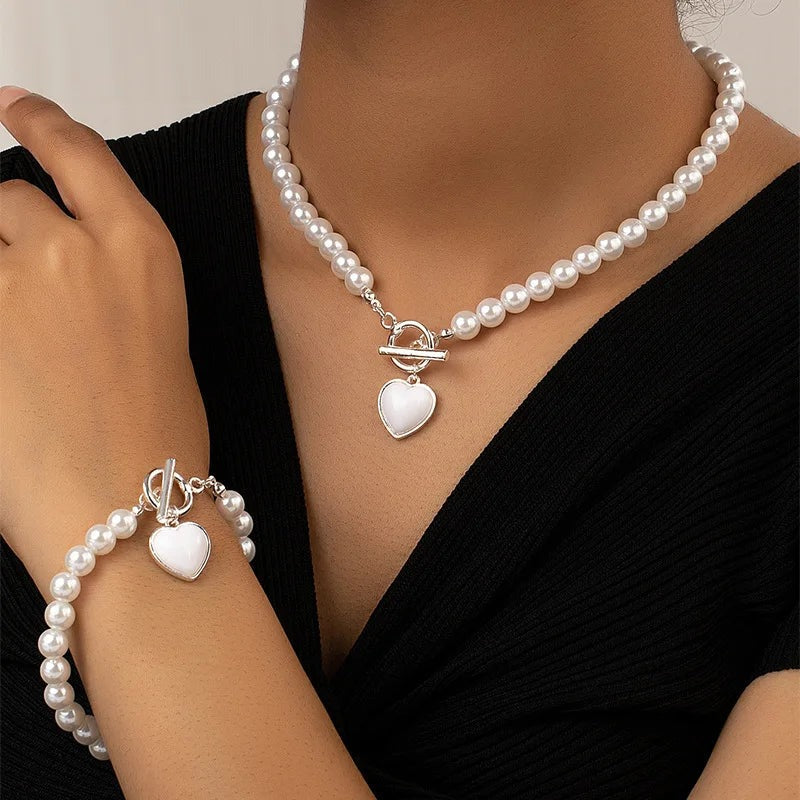 Red Pearl Necklace and Bracelet Set with Heart