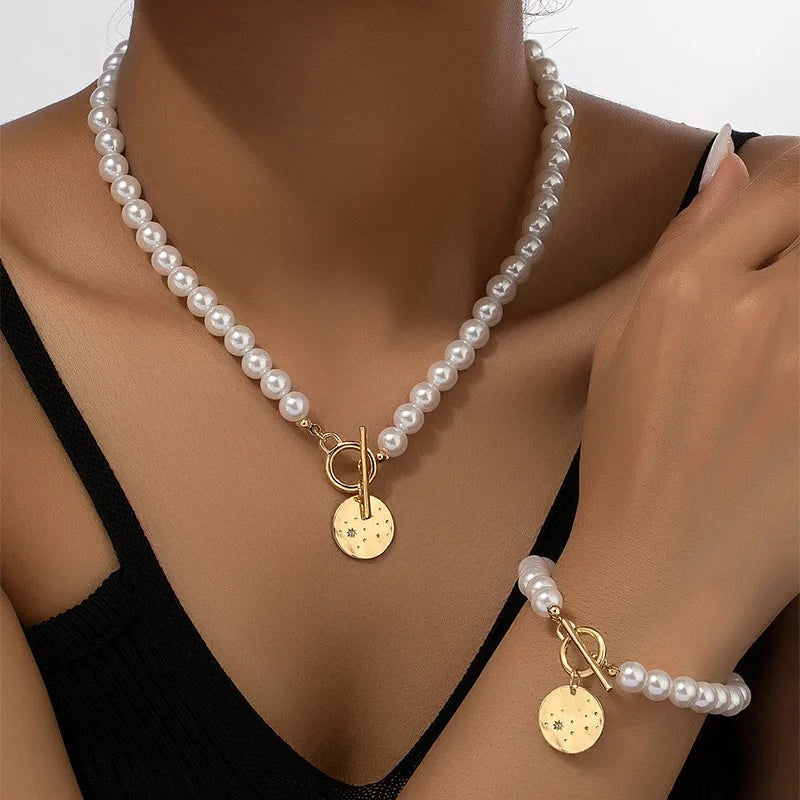 Red Pearl Necklace and Bracelet Set with Heart