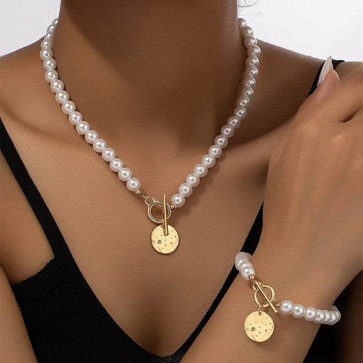Red Pearl Necklace and Bracelet Set with Heart