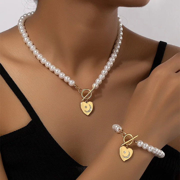 Red Pearl Necklace and Bracelet Set with Heart