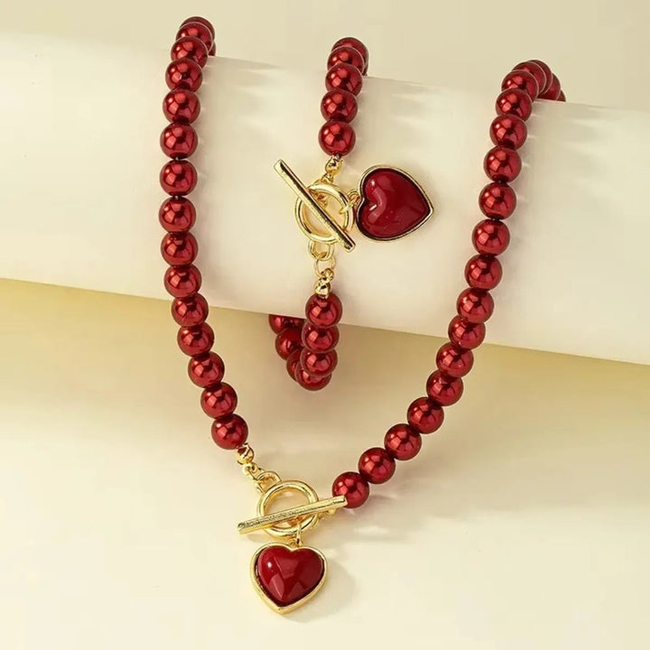 Red Pearl Necklace and Bracelet Set with Heart