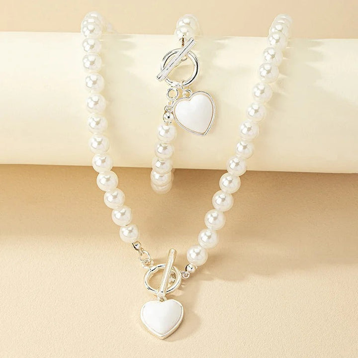 Red Pearl Necklace and Bracelet Set with Heart