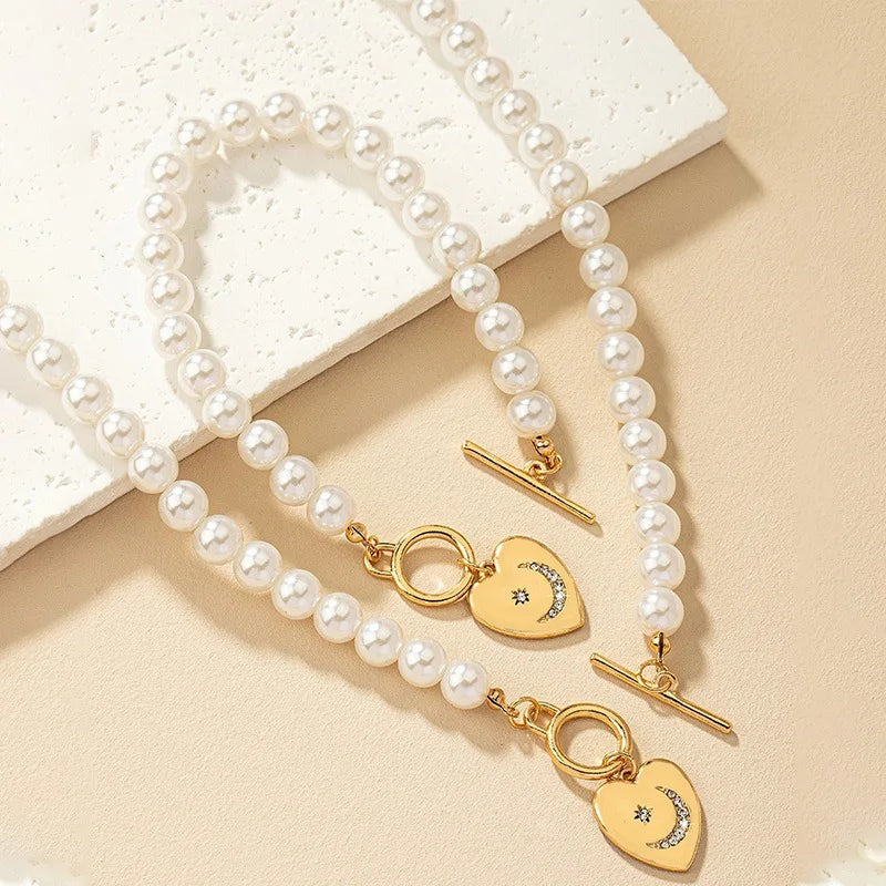 Red Pearl Necklace and Bracelet Set with Heart