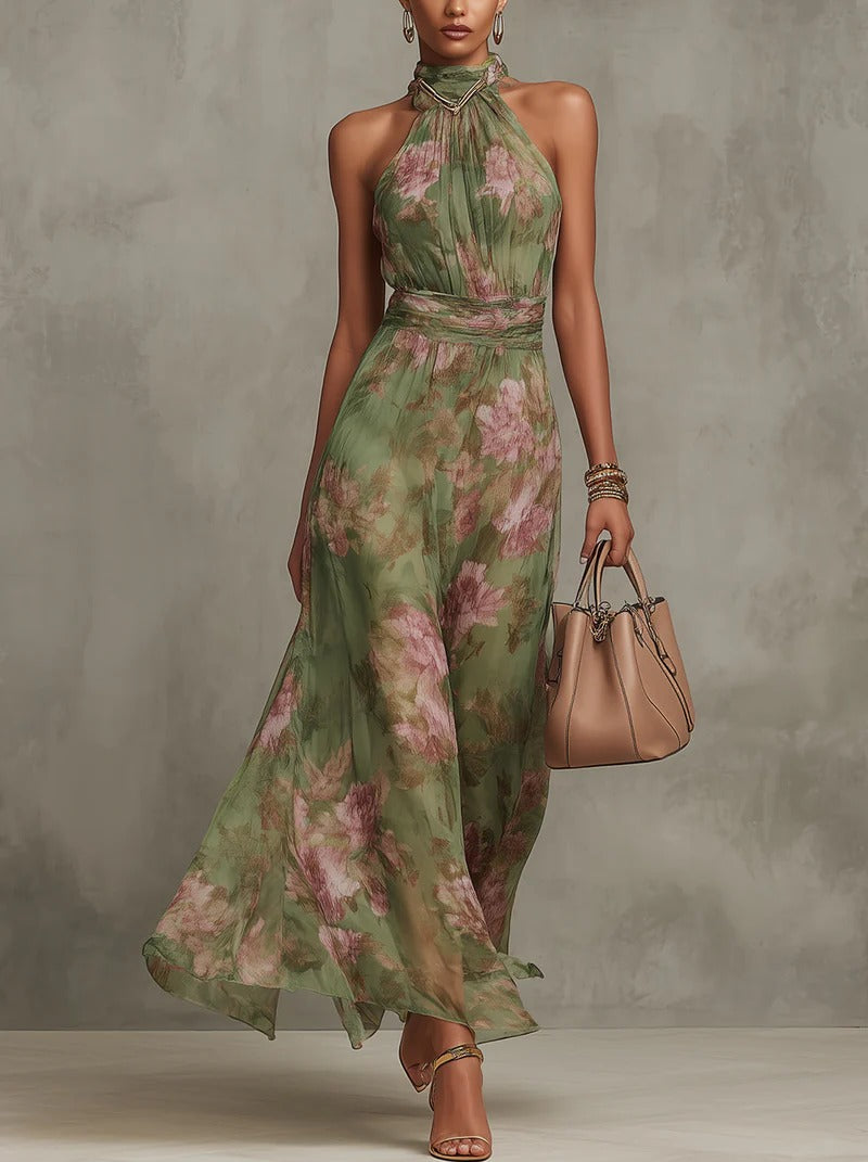 Floral Halter Maxi Dress with Tie Waist in green