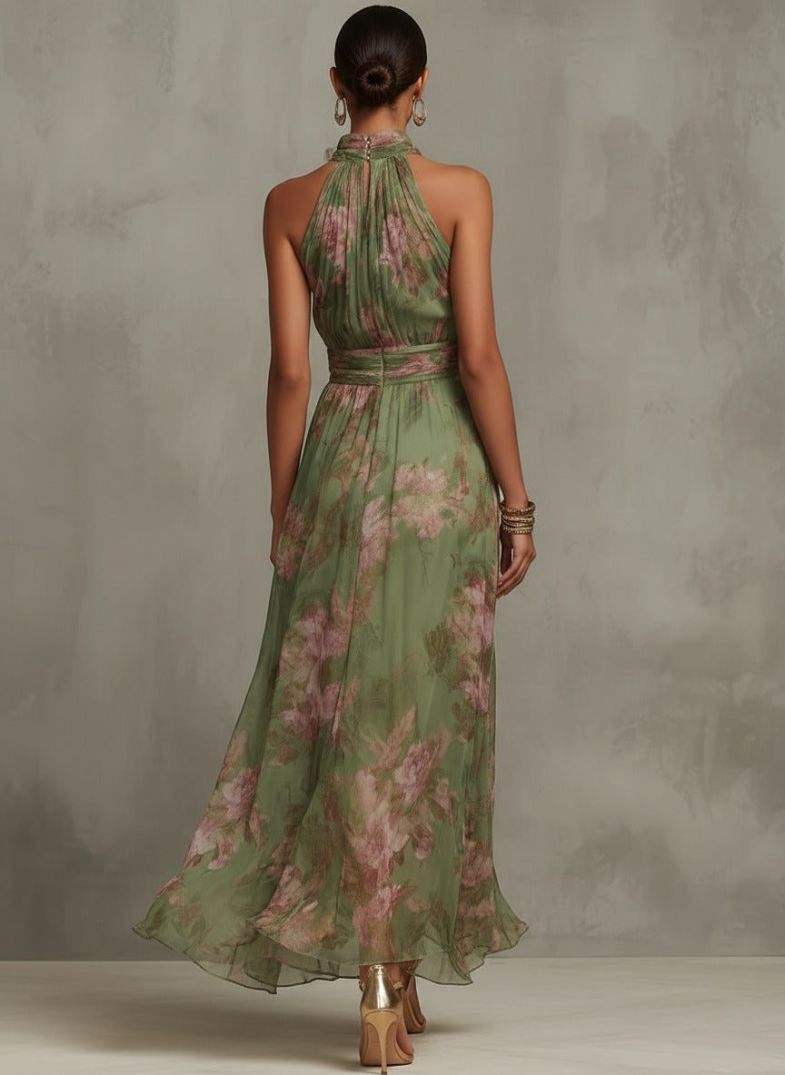 Floral Halter Maxi Dress with Tie Waist