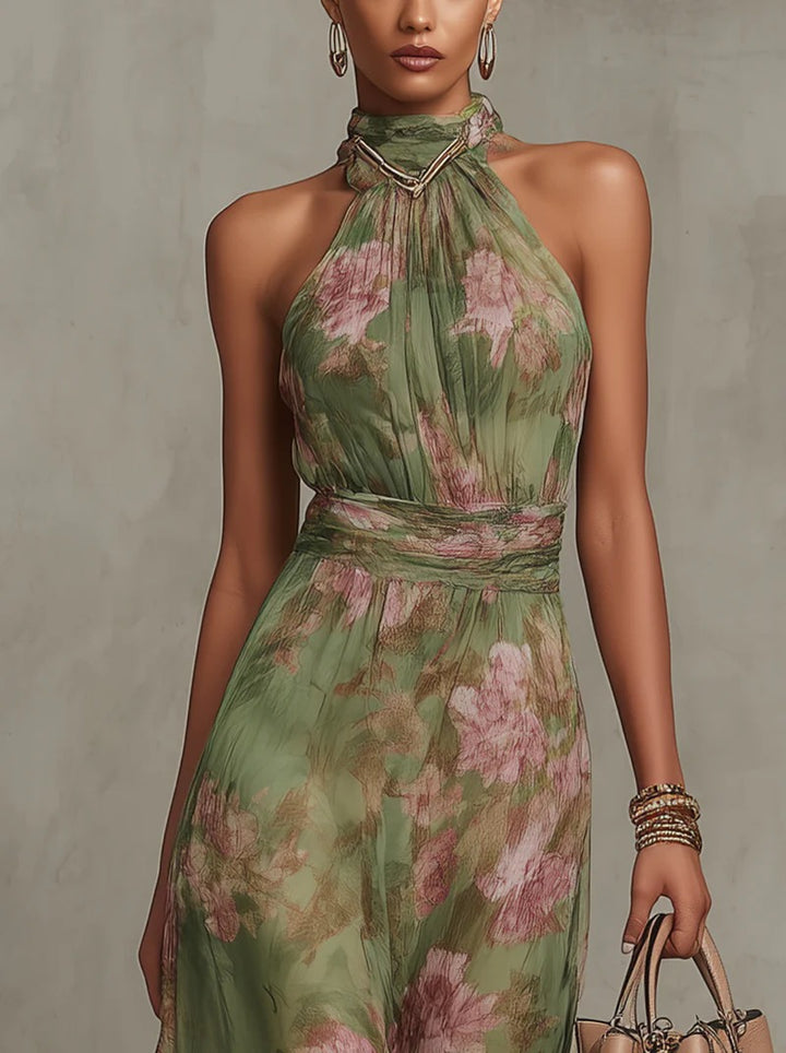 Floral Halter Maxi Dress with Tie Waist