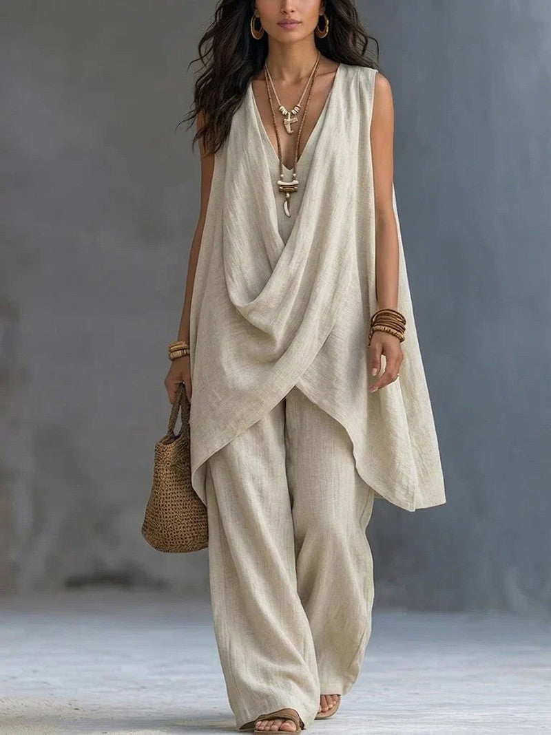 Cotton Linen Co Ord Set with Sleeveless Top in beige