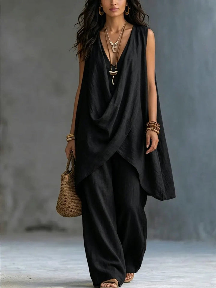 Cotton Linen Co Ord Set with Sleeveless Top in black