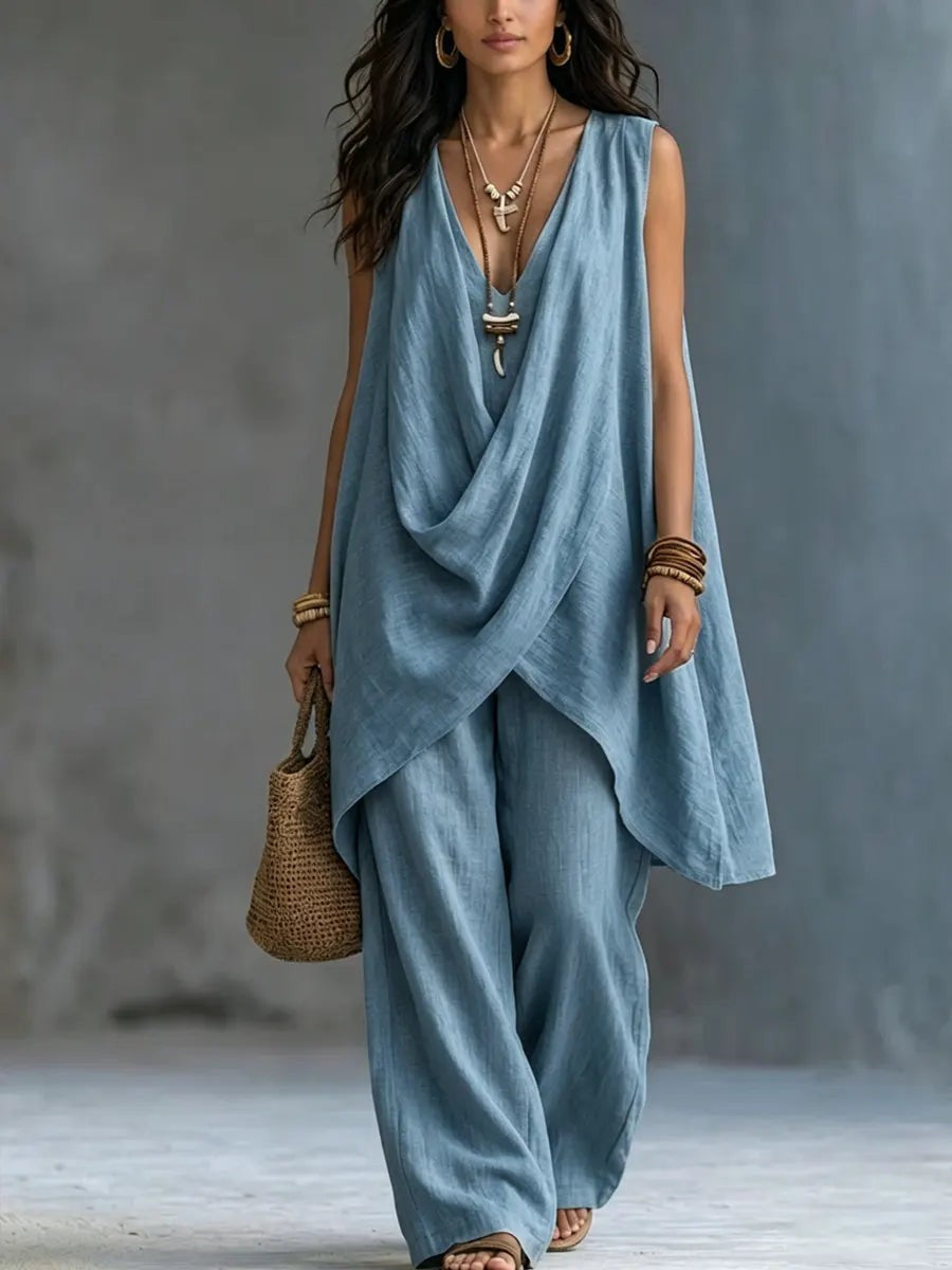 Cotton Linen Co Ord Set with Sleeveless Top in blue