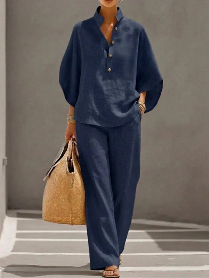 Linen Set with Batwing Sleeves and Wide Leg Pants in navy blue
