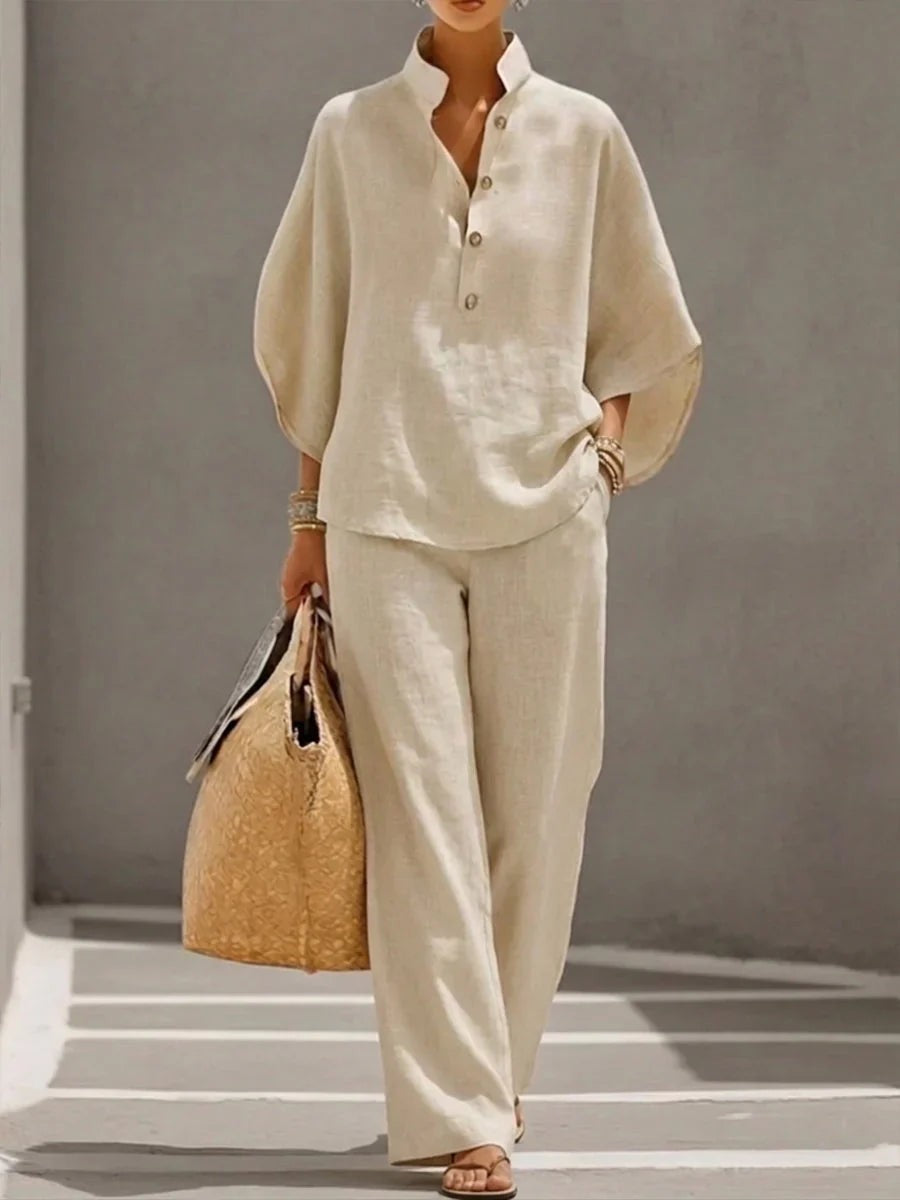 Linen Set with Batwing Sleeves and Wide Leg Pants in beige