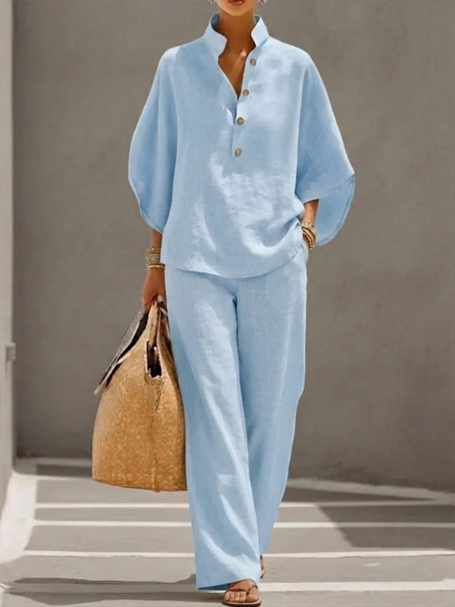 Linen Set with Batwing Sleeves and Wide Leg Pants in light blue