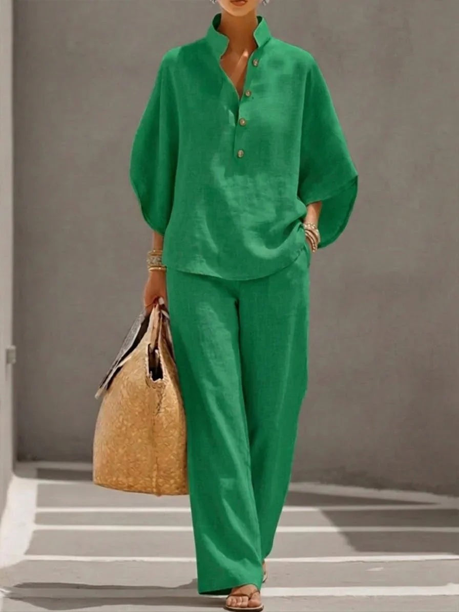 Linen Set with Batwing Sleeves and Wide Leg Pants in green