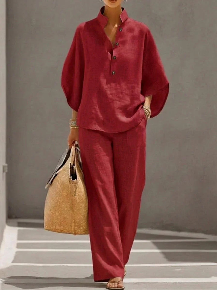 Linen Set with Batwing Sleeves and Wide Leg Pants in red