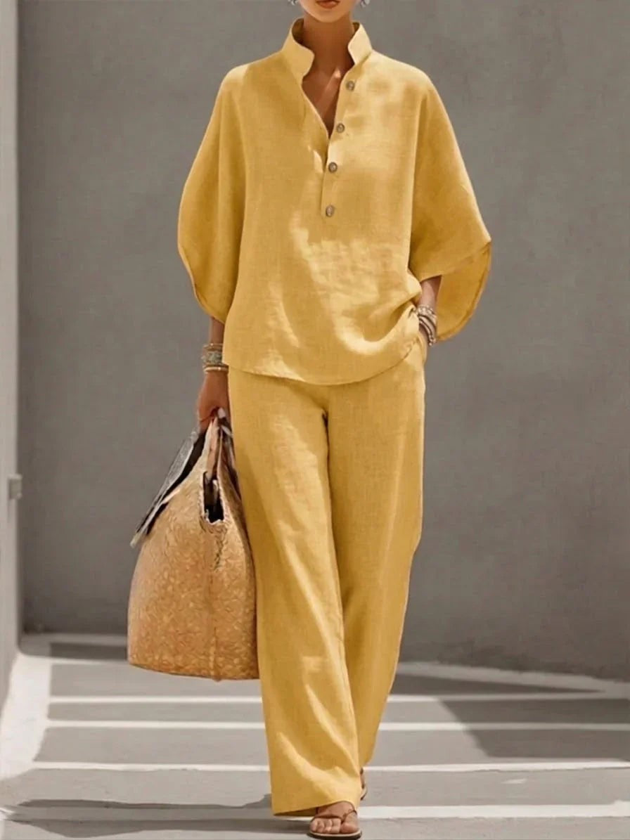 Linen Set with Batwing Sleeves and Wide Leg Pants in yellow