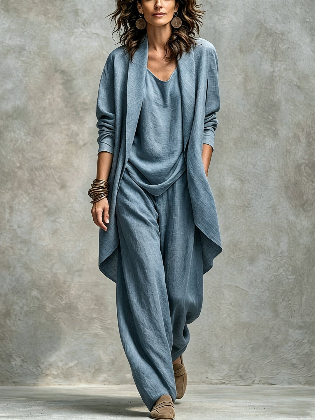 Three Piece Set with Jacket Top and Trousers in blue