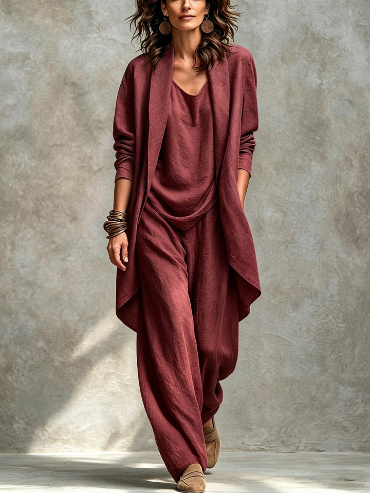 Three Piece Set with Jacket Top and Trousers in wine red