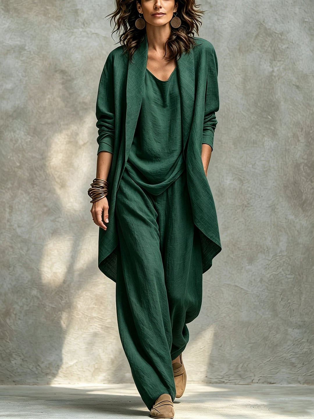 Three Piece Set with Jacket Top and Trousers in green