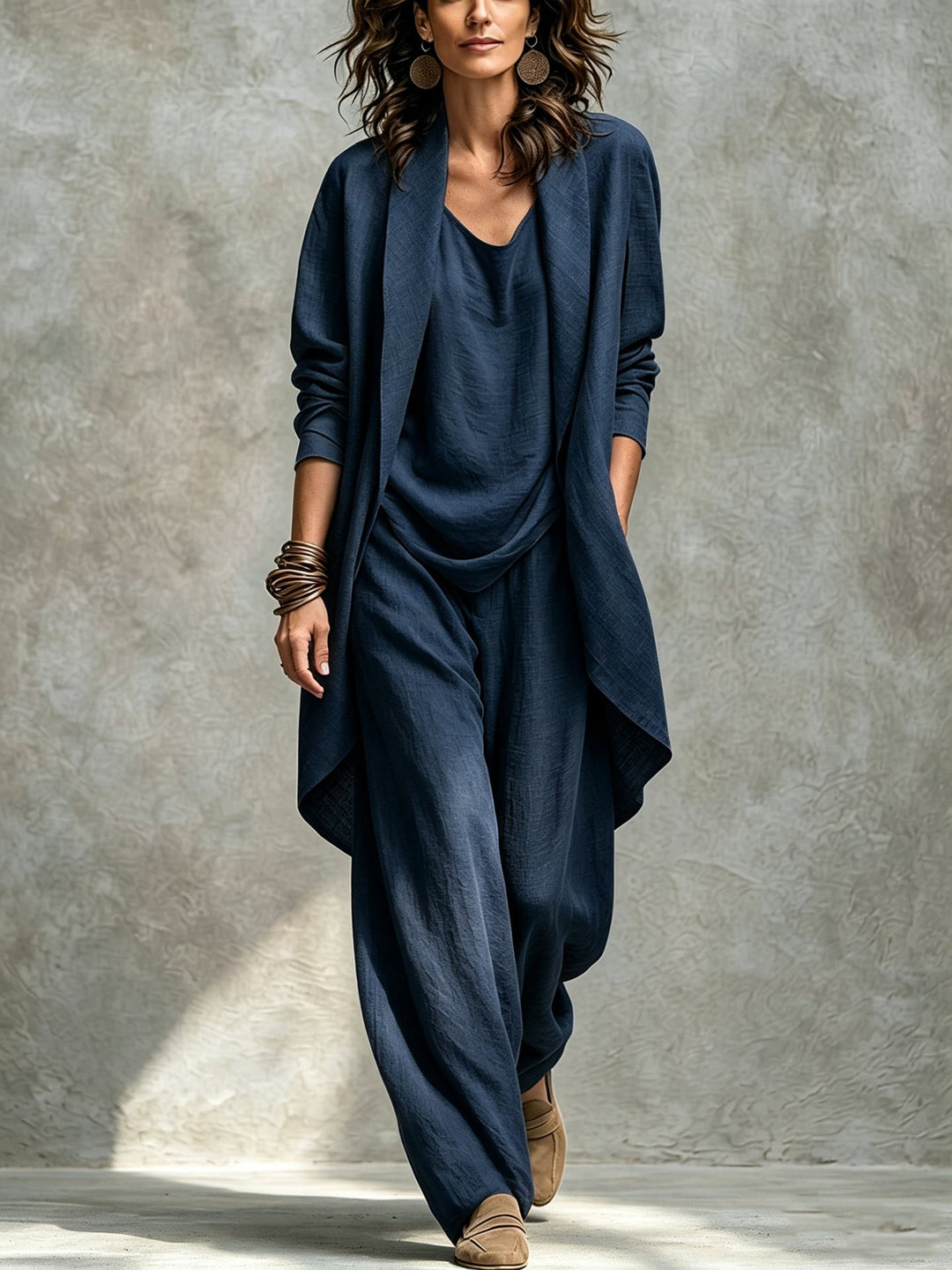 Three Piece Set with Jacket Top and Trousers in navy