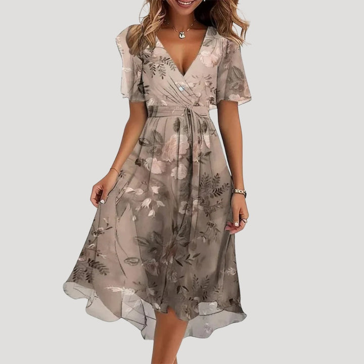 Floral Wrap Midi Dress with Flutter Sleeves in brown