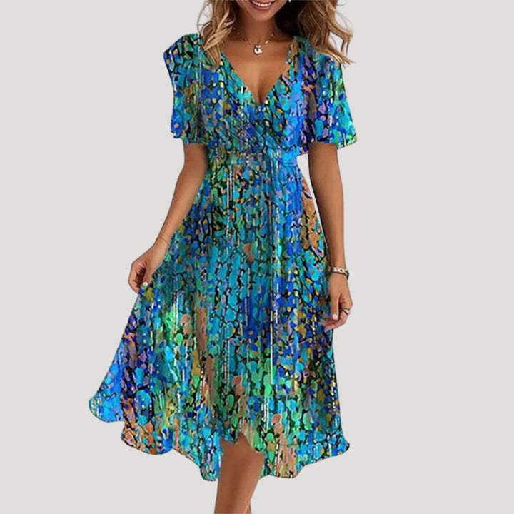 Floral Wrap Midi Dress with Flutter Sleeves in blue