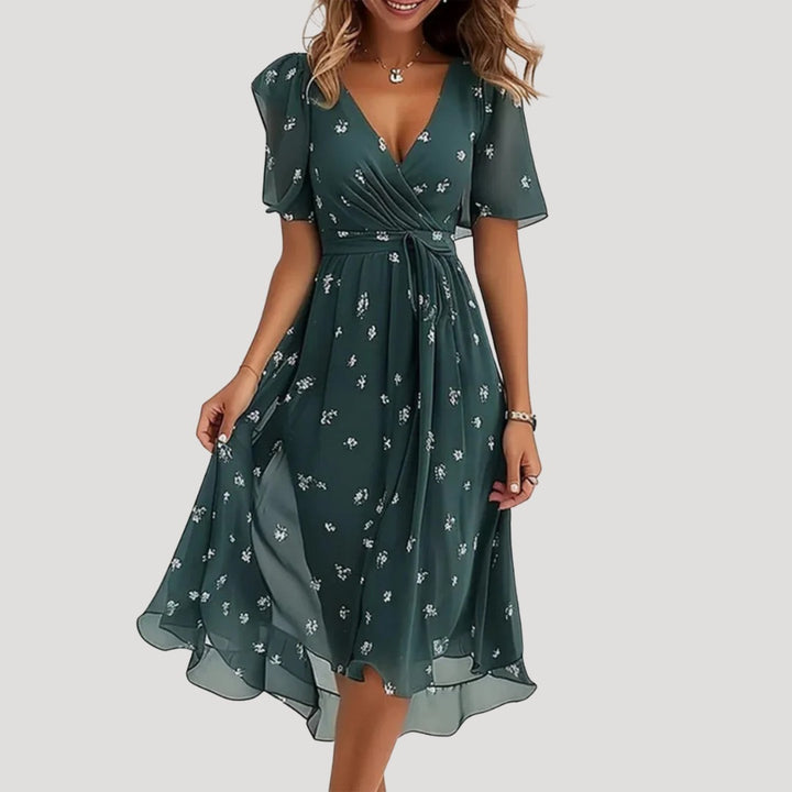 Floral Wrap Midi Dress with Flutter Sleeves in green