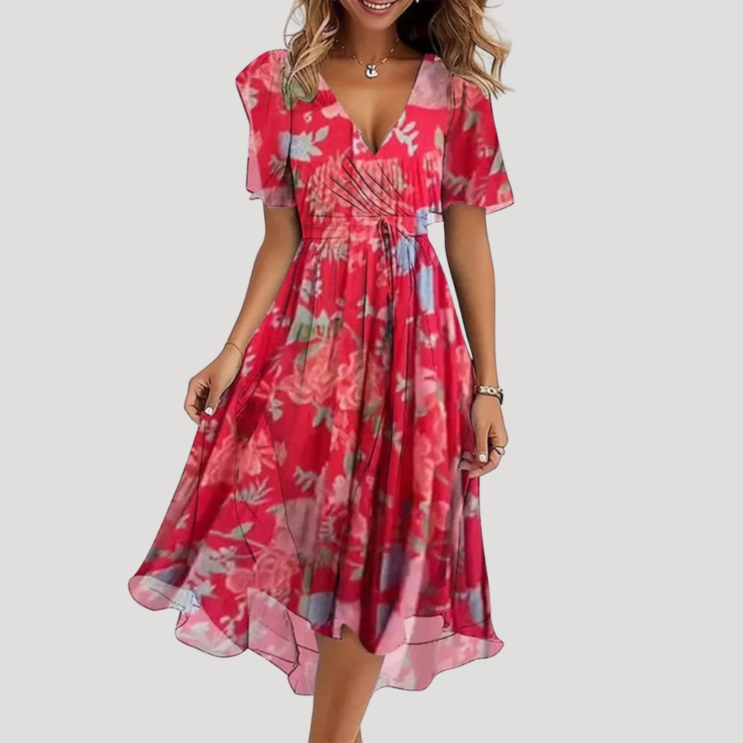 Floral Wrap Midi Dress with Flutter Sleeves in red