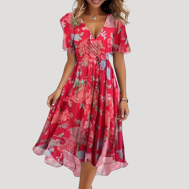 Floral Wrap Midi Dress with Flutter Sleeves in red