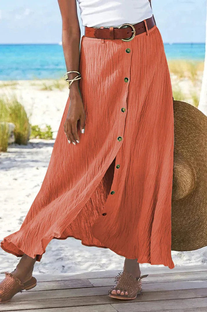 Maxi Skirt with High Waist and Button Front in mandarin red