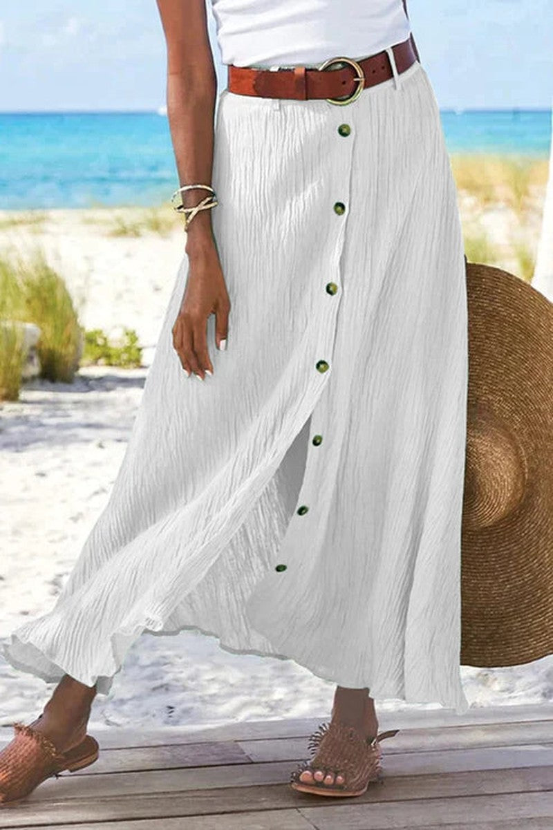 Maxi Skirt with High Waist and Button Front in white