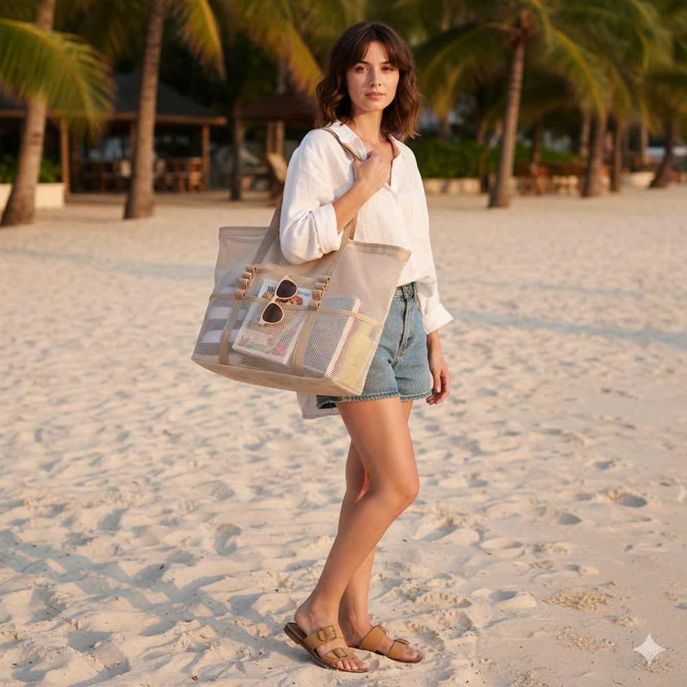 Sasha – Large Mesh Beach Bag for Women with Wide Shoulder Strap