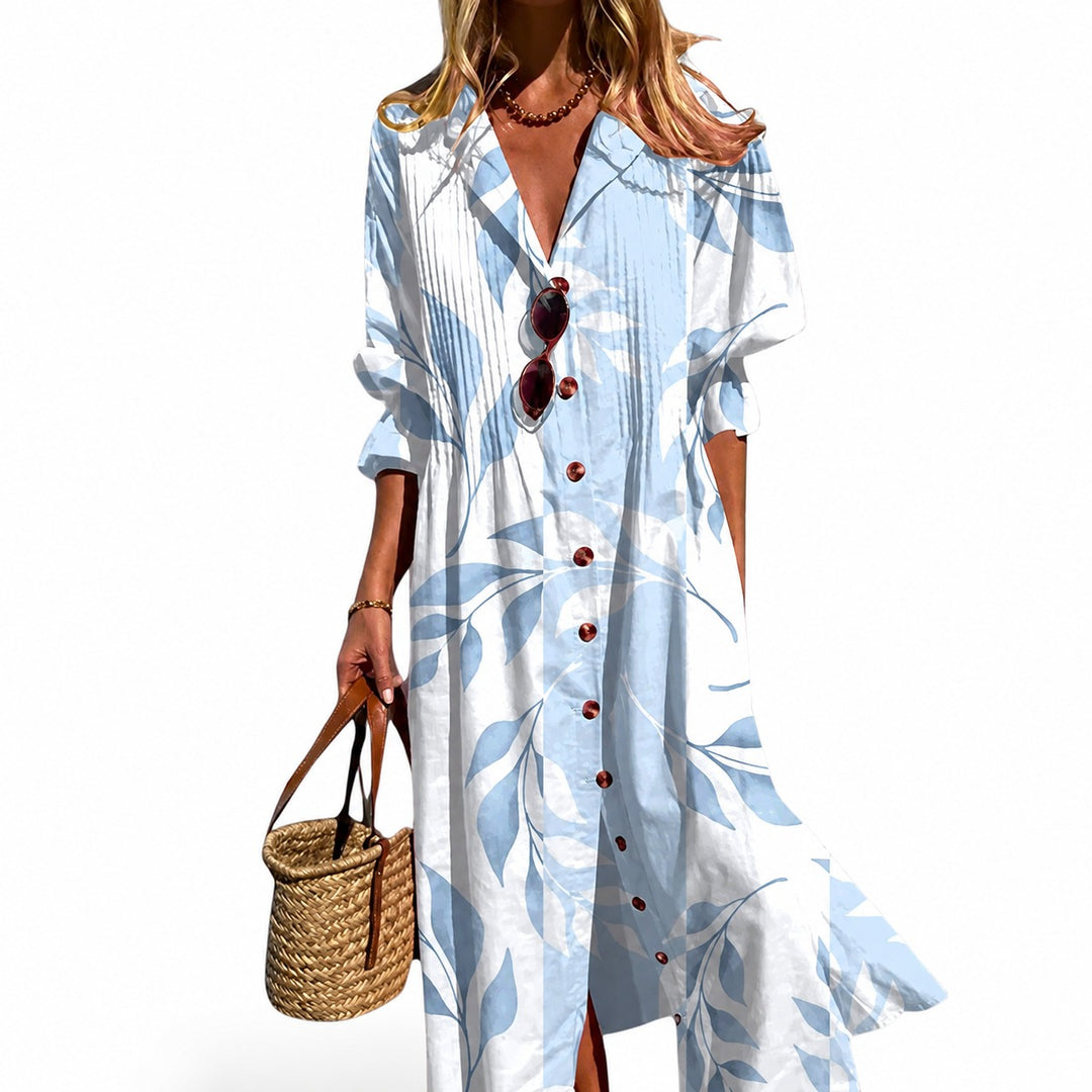 Printed Shirt Dress with Button Front and Side Split in blue leaf