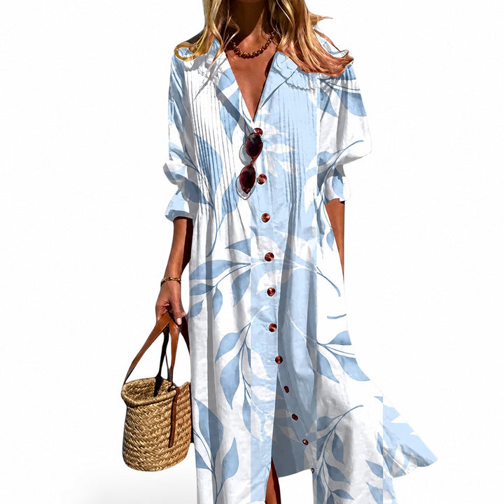 Printed Shirt Dress with Button Front and Side Split in blue leaf