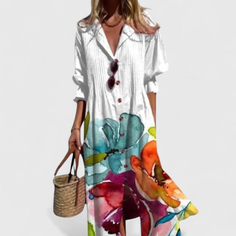 Printed Shirt Dress with Button Front and Side Split in white watercolour