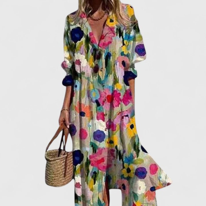Printed Shirt Dress with Button Front and Side Split in cream floral