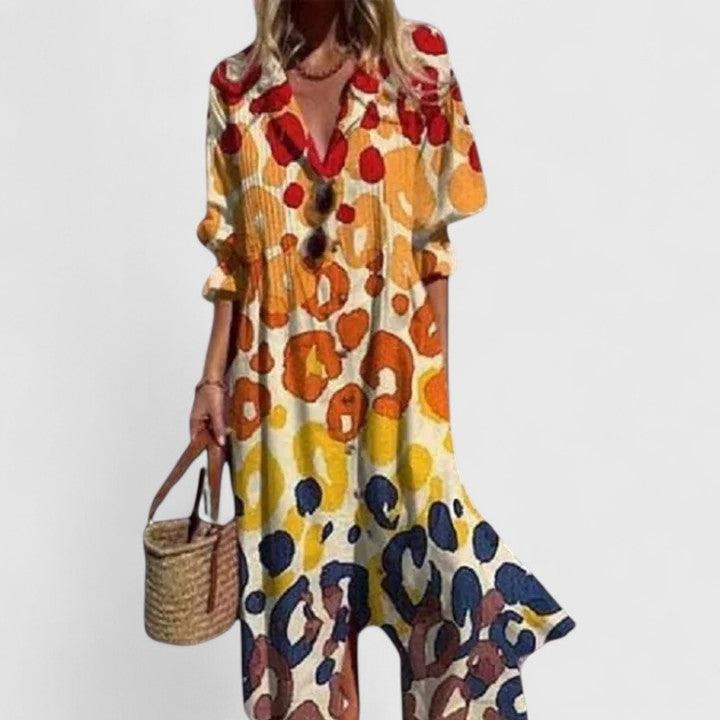 Printed Shirt Dress with Button Front and Side Split in amber floral