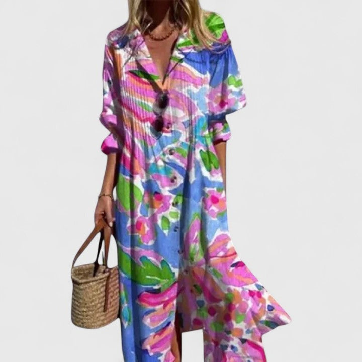Printed Shirt Dress with Button Front and Side Split in tropical pink
