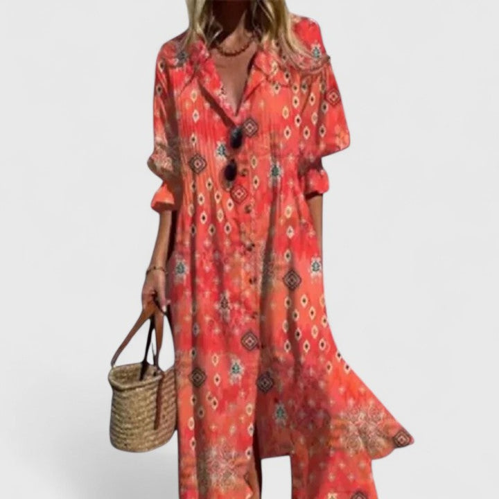 Printed Shirt Dress with Button Front and Side Split in coral tile