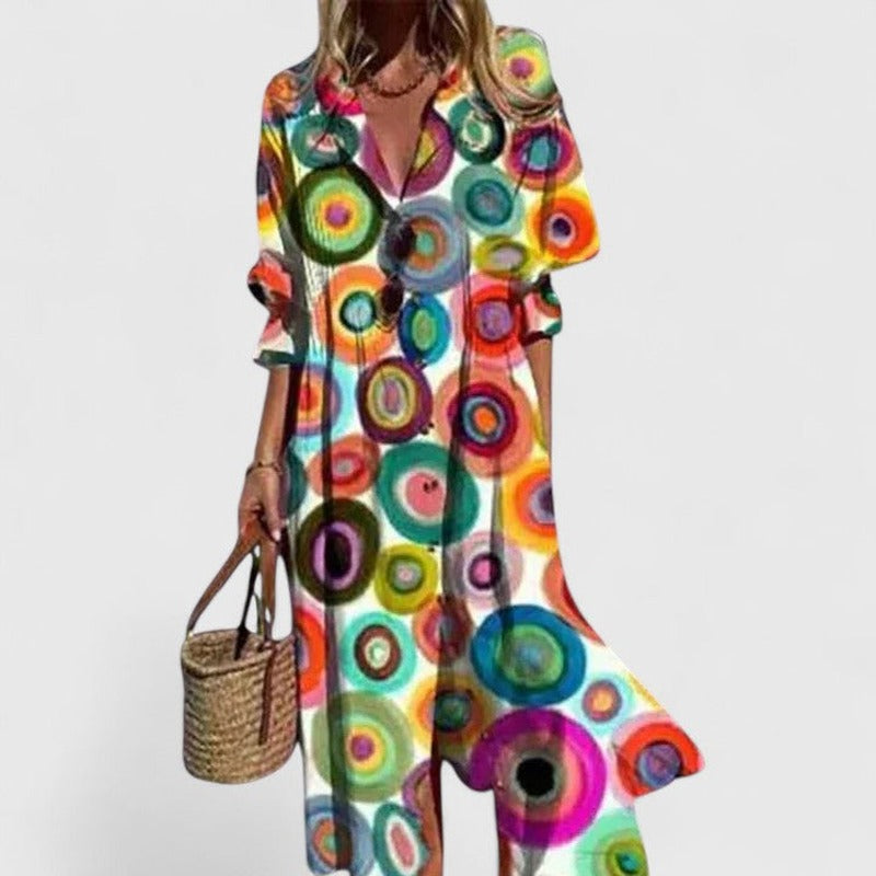 Printed Shirt Dress with Button Front and Side Split in rainbow circles